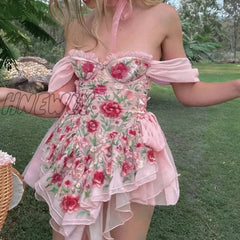 Hnewly Fairycore Grunge Y2K Dress Women Streetwear Cottagecore Vintage Elegant Floarls Printed Pink