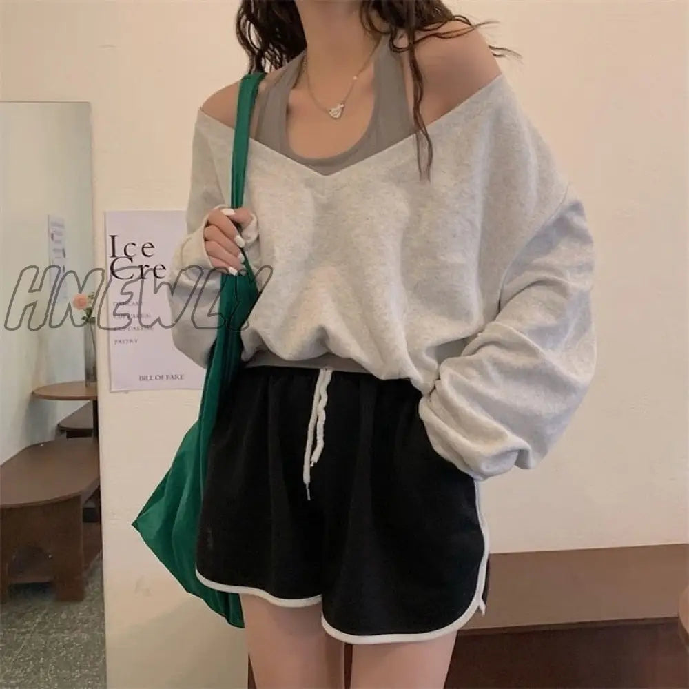 Hnewly Fall Sweatshirt Women Harajuku Chic Ins Fake Two Piece Street Teens Outerwear Popular