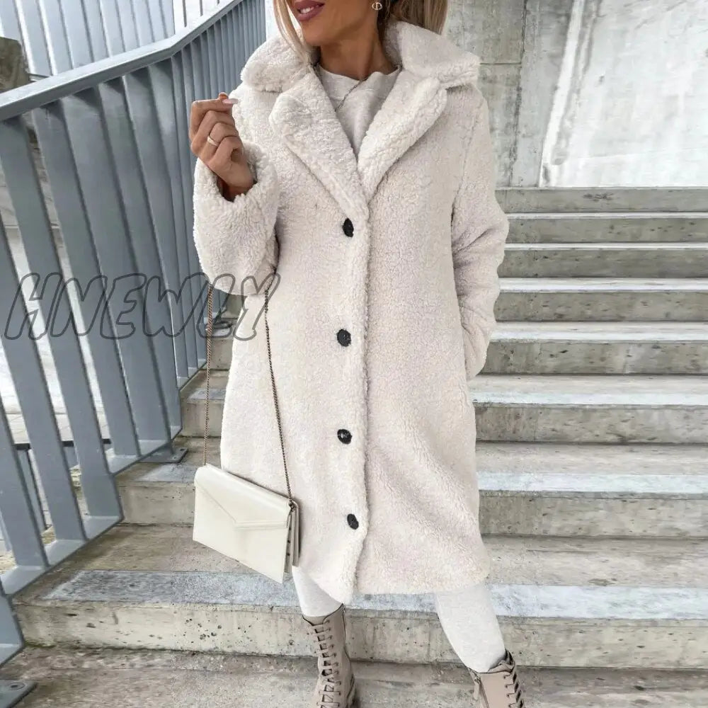 Hnewly Fall/Winter New Flannel Coat Women Casual Solid Color Plush Lapel Long Sleeve Jacket Elegant
