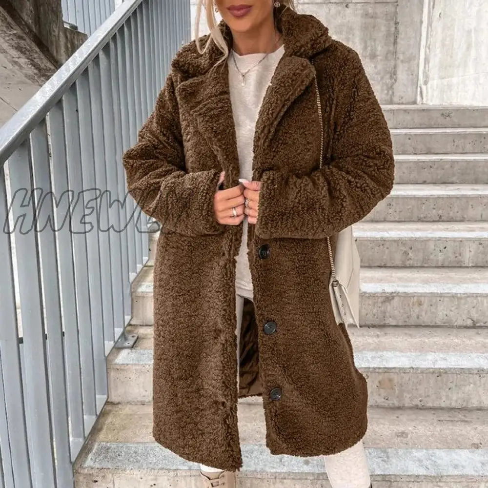 Hnewly Fall/Winter New Flannel Coat Women Casual Solid Color Plush Lapel Long Sleeve Jacket Elegant