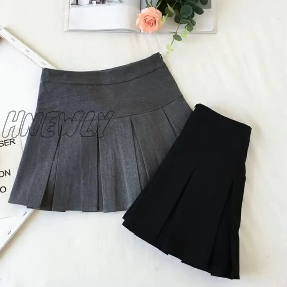 Hnewly Fashion A Line Women Pleated Skirt High Waist Zipper Grey Student Mini Jk Summer New Black