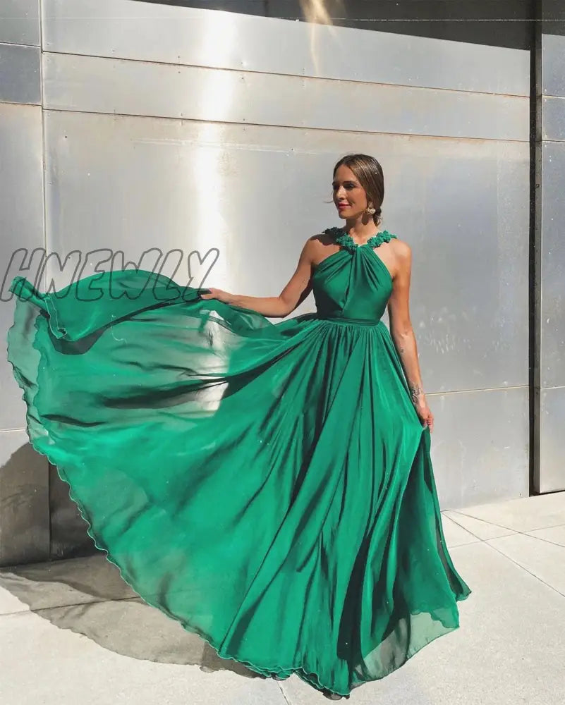 Hnewly Fashion Autumn Sleeveless Green A Line Sexy Backless Prom Dresses Women Elegant Full Length