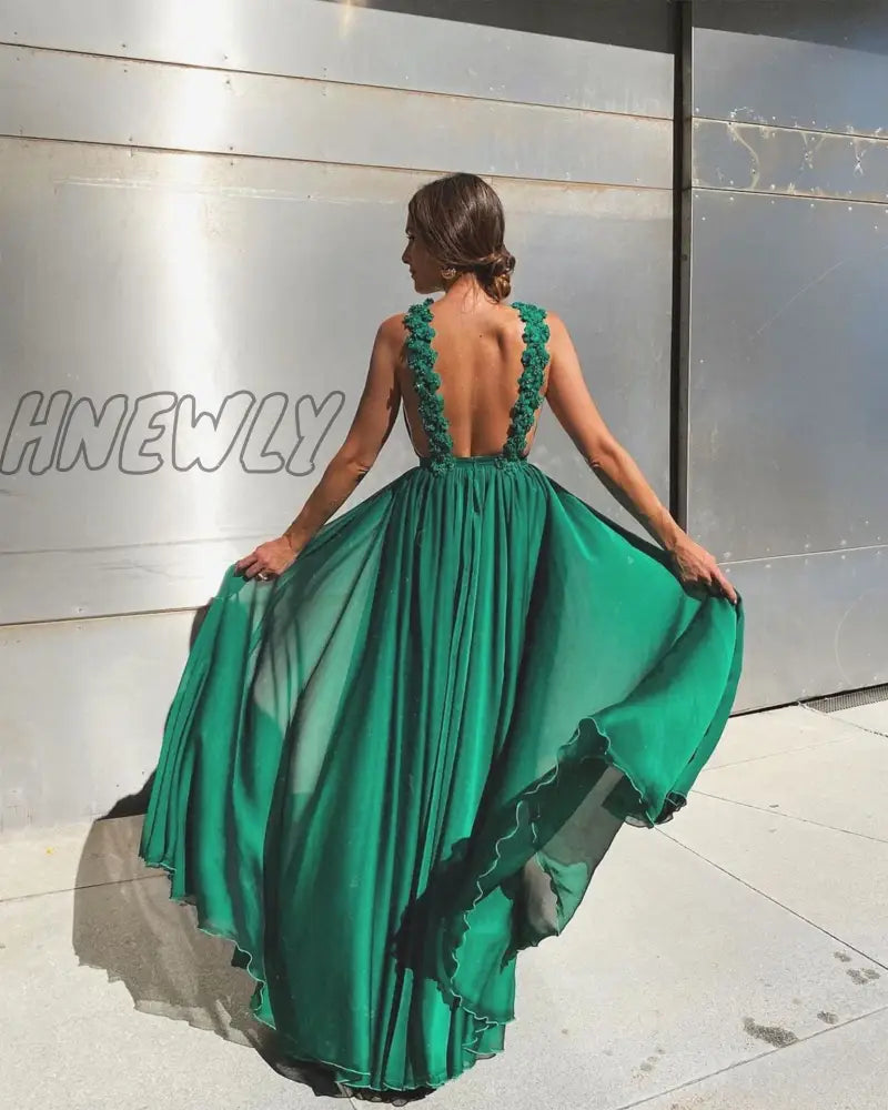 Hnewly Fashion Autumn Sleeveless Green A Line Sexy Backless Prom Dresses Women Elegant Full Length
