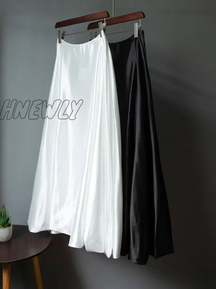 Hnewly Fashion Beige Satin Skirts For Women Elegant High Waist Office Lady Ankle-Length Skirt