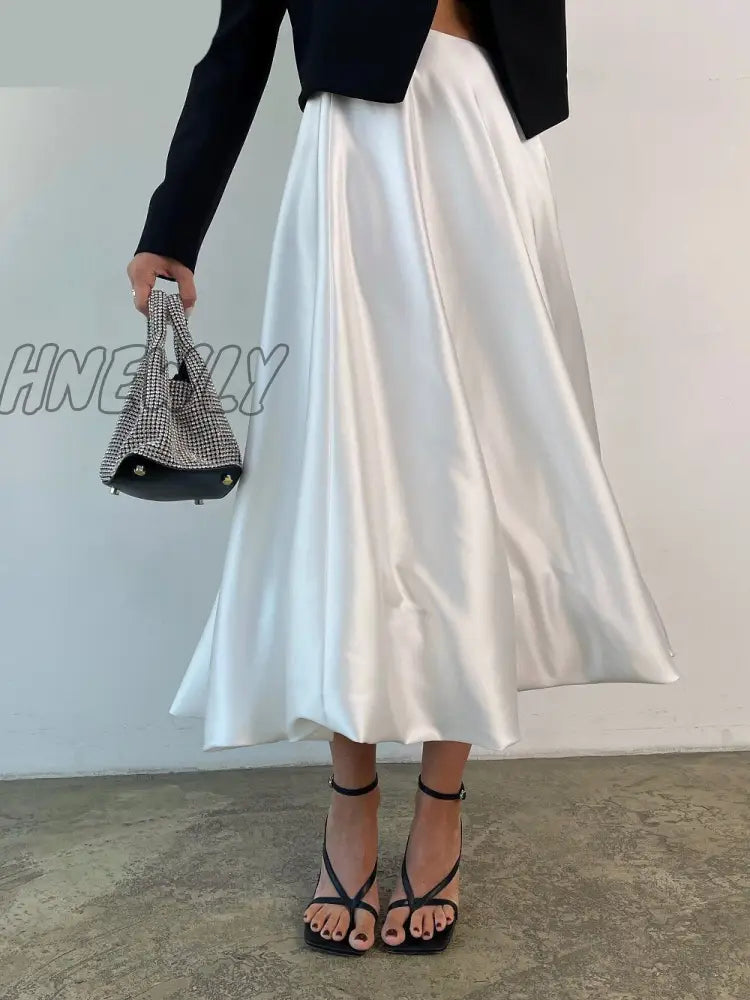 Hnewly Fashion Beige Satin Skirts For Women Elegant High Waist Office Lady Ankle-Length Skirt