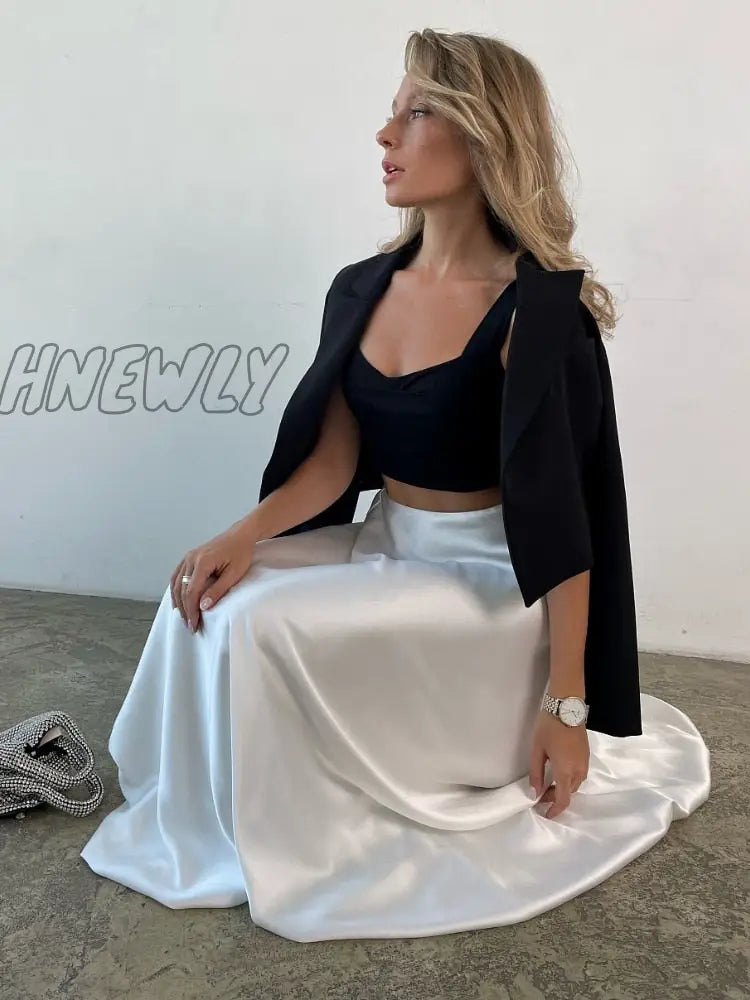Hnewly Fashion Beige Satin Skirts For Women Elegant High Waist Office Lady Ankle-Length Skirt
