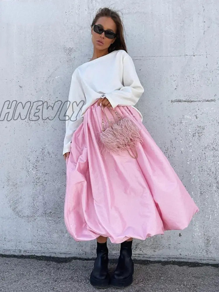 Hnewly Fashion Beige Satin Skirts For Women Elegant High Waist Office Lady Ankle-Length Skirt