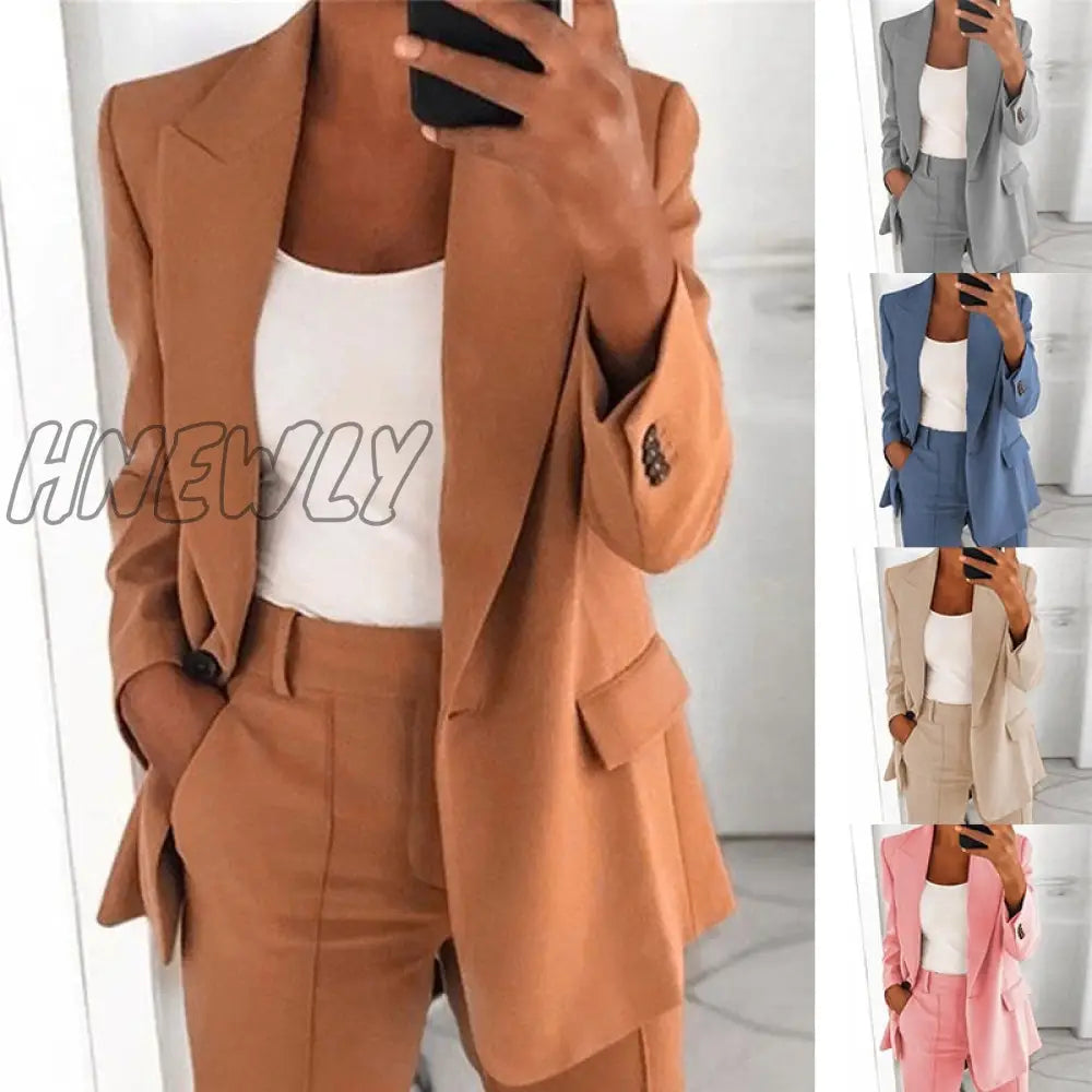 Hnewly Fashion Blazer Suit Women Office Sets Autumn Long Sleeve Cardigan Shorts Solid 2 Piece Set