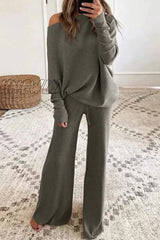 Hnewly - Fashion British Style Solid O Neck Long Sleeve Two Pieces(4 Colors) Grey / S