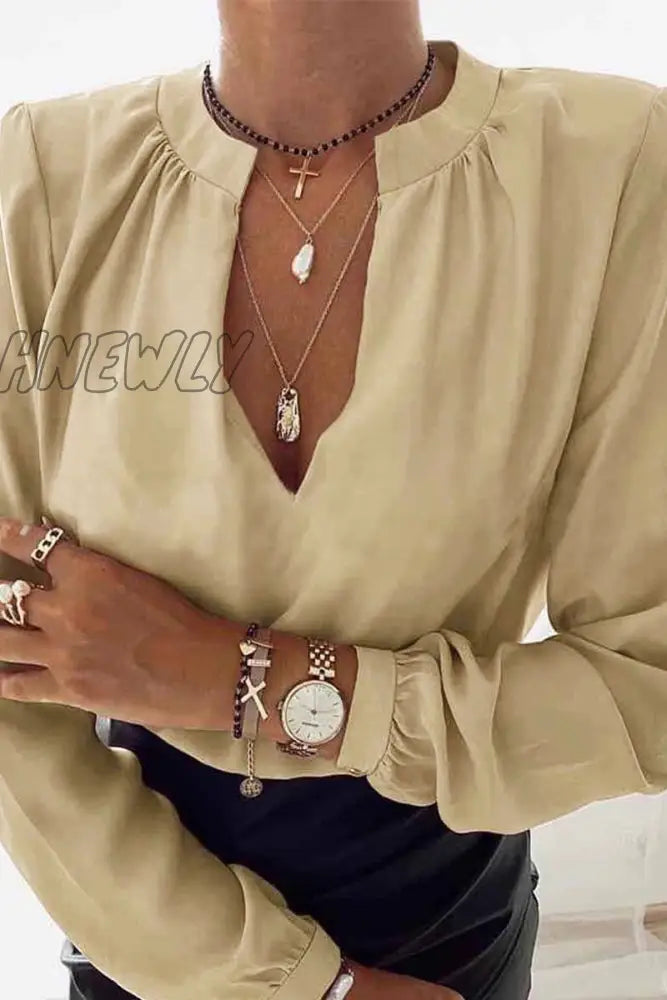 Hnewly - Fashion British Style Solid V Neck Tops(3 Colors) Coffee / S Tops/Blouses & Shirts