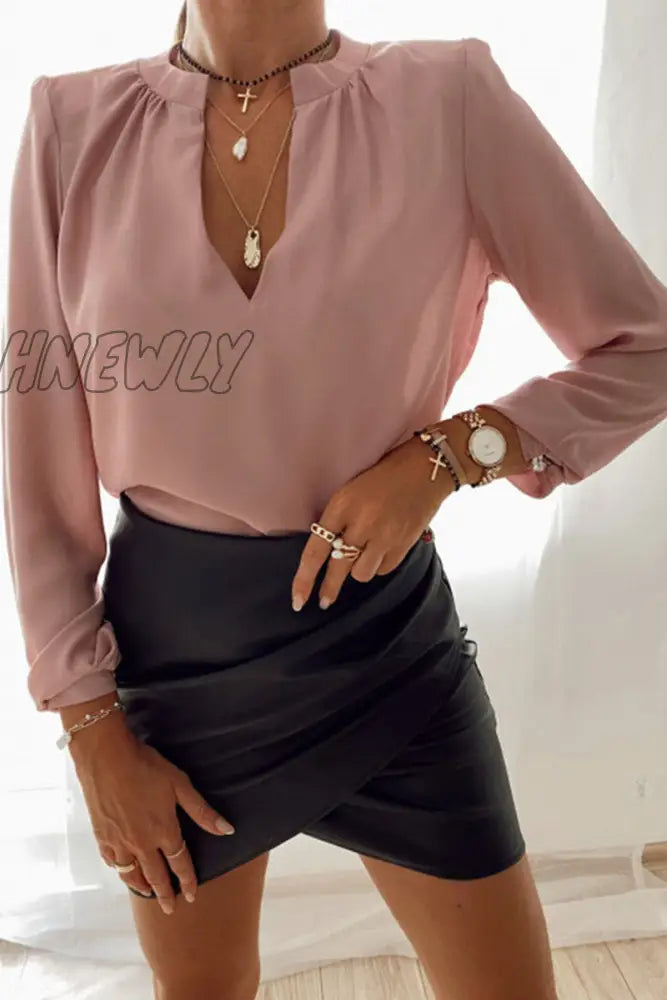 Hnewly - Fashion British Style Solid V Neck Tops(3 Colors) Pink / S Tops/Blouses & Shirts