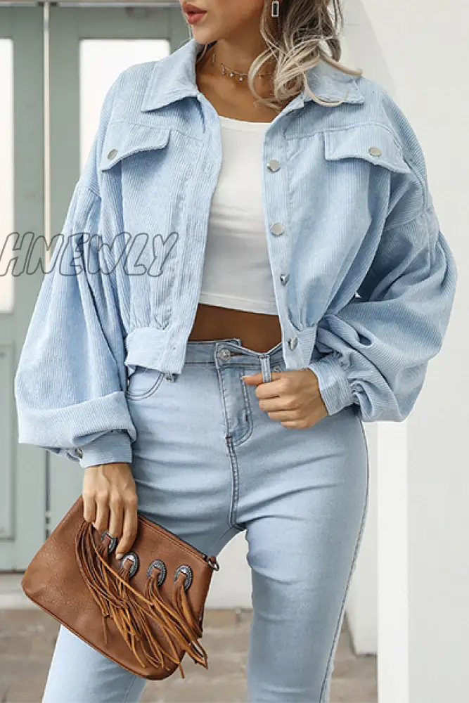 Hnewly - Fashion Casual Solid Pocket Buckle Turndown Collar Outerwear Light Blue / S