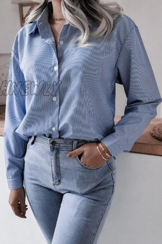 Hnewly - Fashion Casual Striped Solid Turndown Collar Tops Tops/Blouses & Shirts