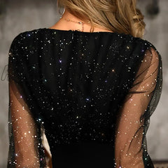 Hnewly Fashion Elegant Sexy Bag Hip Midi Dress Wonen Black Retro Gazue Sequins Long Sleeved Female