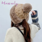 Hnewly Fashion Faux Fur Knitted Bobble Beanie Hat Cute Pom Ball Cossack Skiing Furry Cap Winter