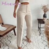 Hnewly Fashion High Waisted Casual White Trousers Women Brown Stright Pants Office Lady Korean Style Women Pantalones Mjuer