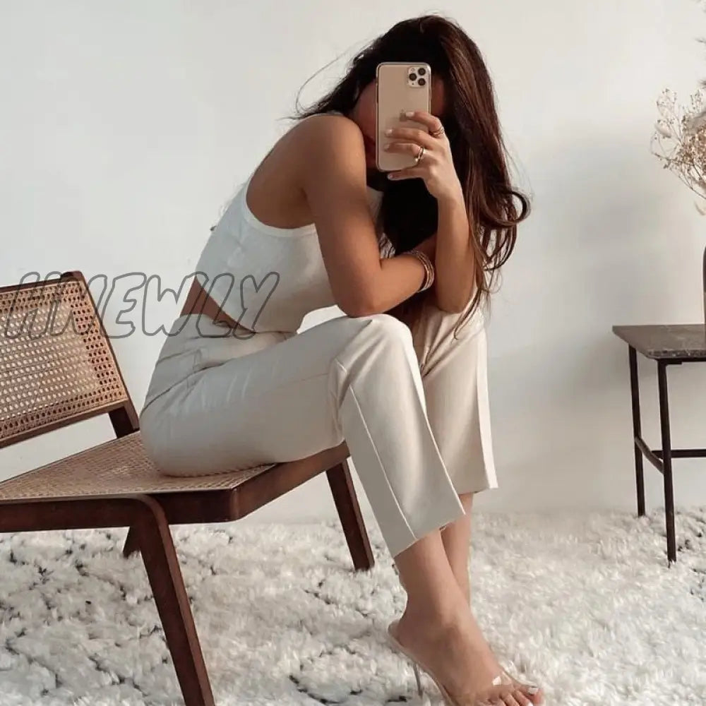 Hnewly Fashion High Waisted Casual White Trousers Women Brown Stright Pants Office Lady Korean
