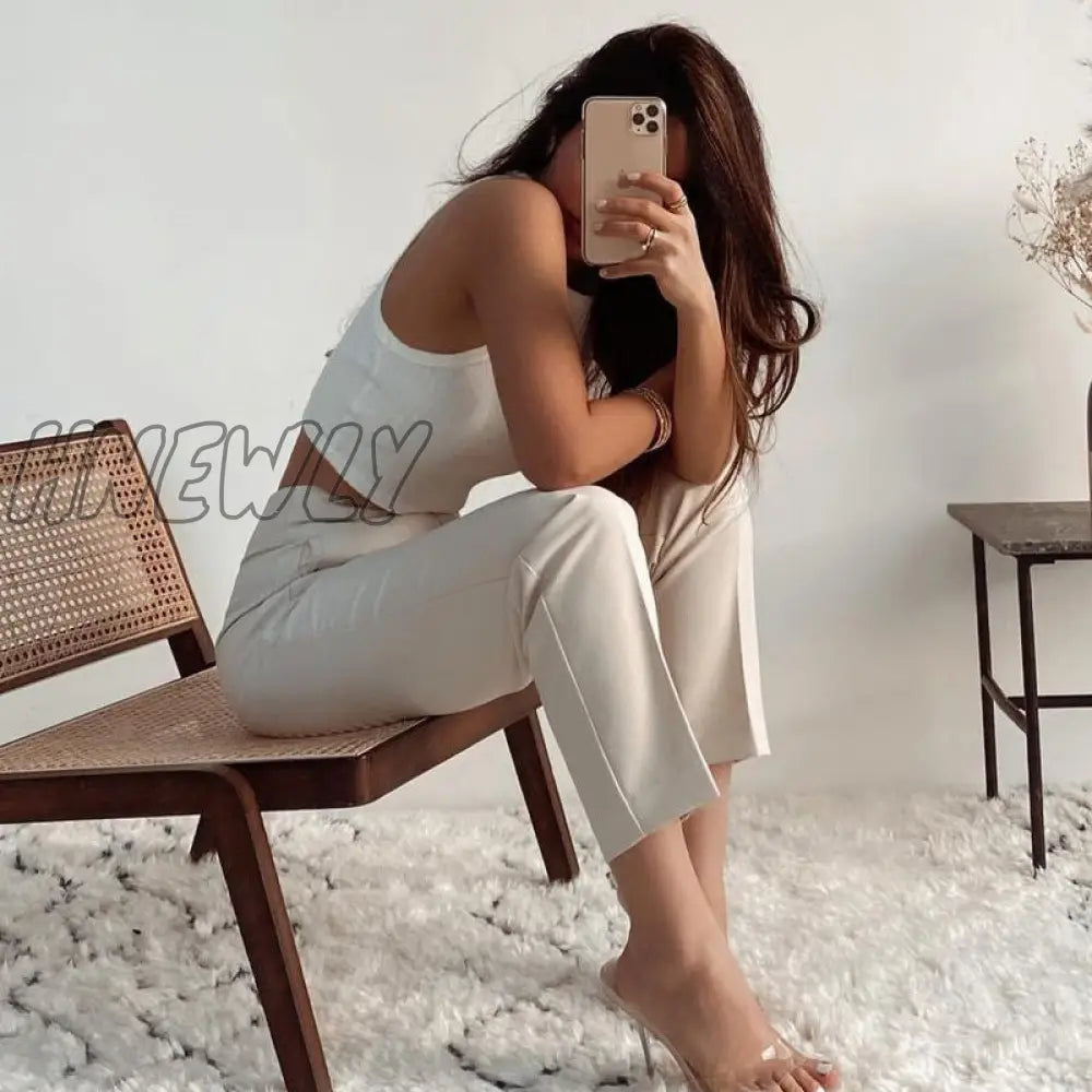 Hnewly Fashion High Waisted Casual White Trousers Women Brown Stright Pants Office Lady Korean