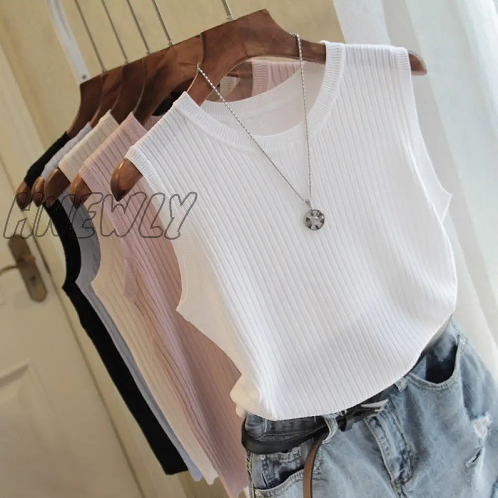 Hnewly Fashion Ice Silk Knitted Vest Gym Tank Top Women Round Neck Thin Sleeveless Shirt Summer