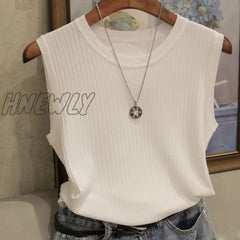 Hnewly Fashion Ice Silk Knitted Vest Gym Tank Top Women Round Neck Thin Sleeveless Shirt Summer