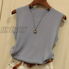 Hnewly Fashion Ice Silk Knitted Vest Gym Tank Top Women Round Neck Thin Sleeveless Shirt Summer