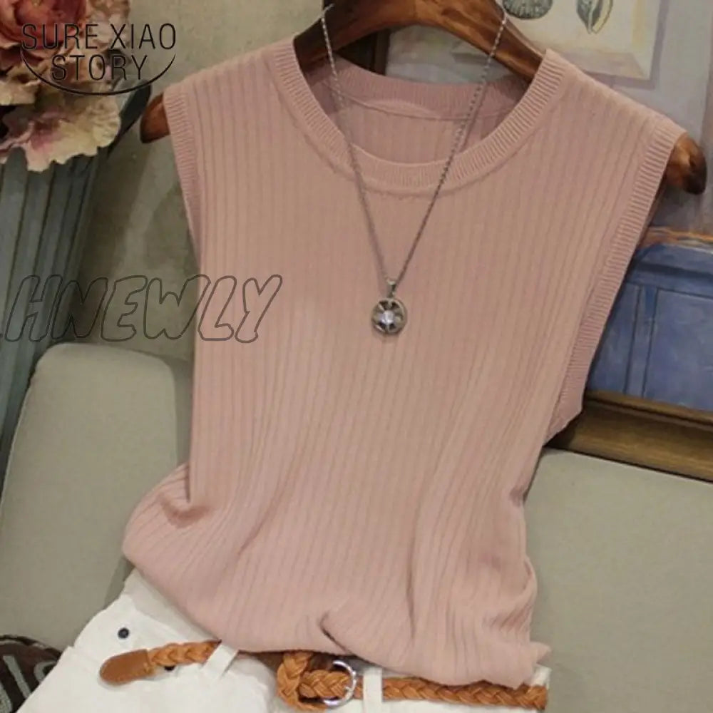 Hnewly Fashion Ice Silk Knitted Vest Gym Tank Top Women Round Neck Thin Sleeveless Shirt Summer