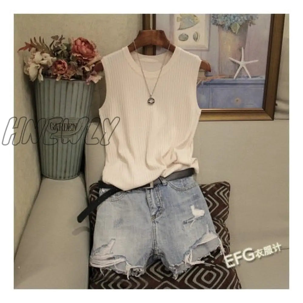 Hnewly Fashion Ice Silk Knitted Vest Gym Tank Top Women Round Neck Thin Sleeveless Shirt Summer