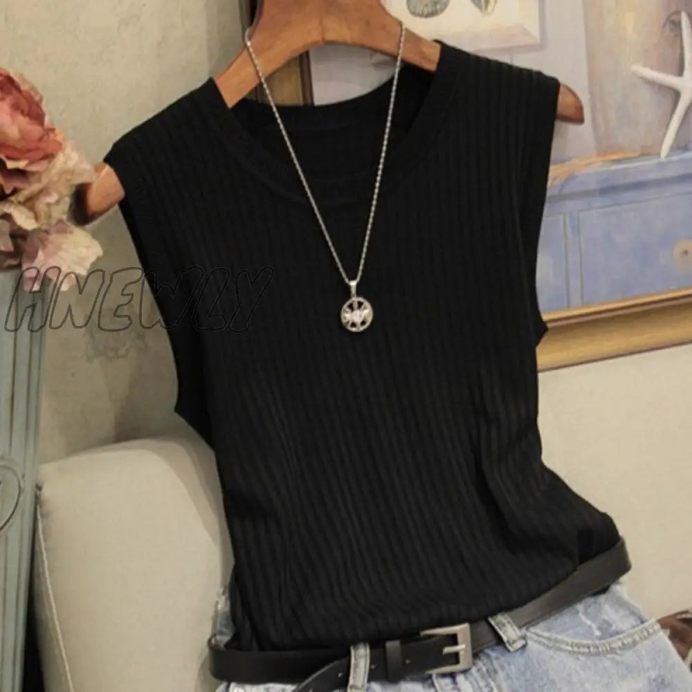 Hnewly Fashion Ice Silk Knitted Vest Gym Tank Top Women Round Neck Thin Sleeveless Shirt Summer