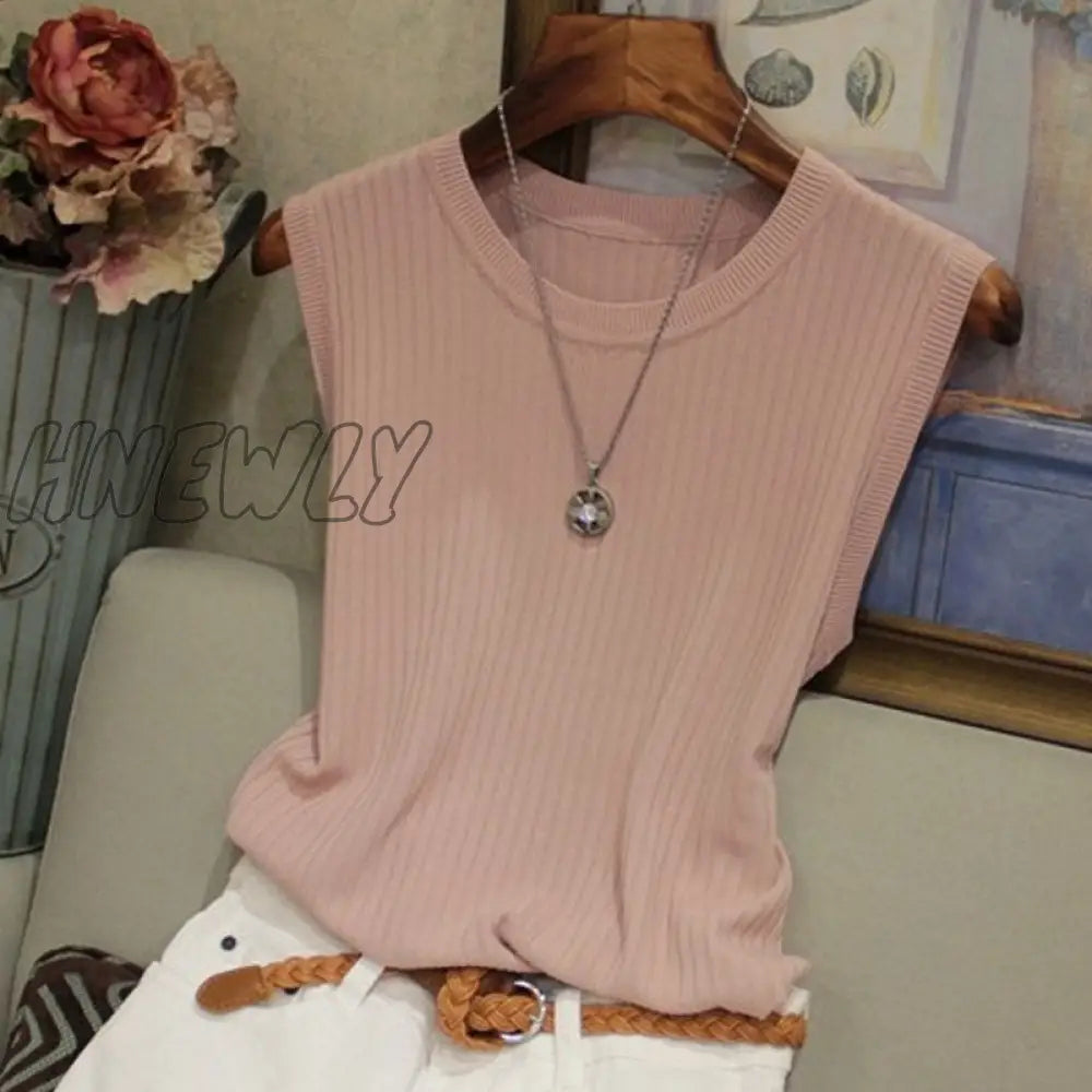 Hnewly Fashion Ice Silk Knitted Vest Gym Tank Top Women Round Neck Thin Sleeveless Shirt Summer