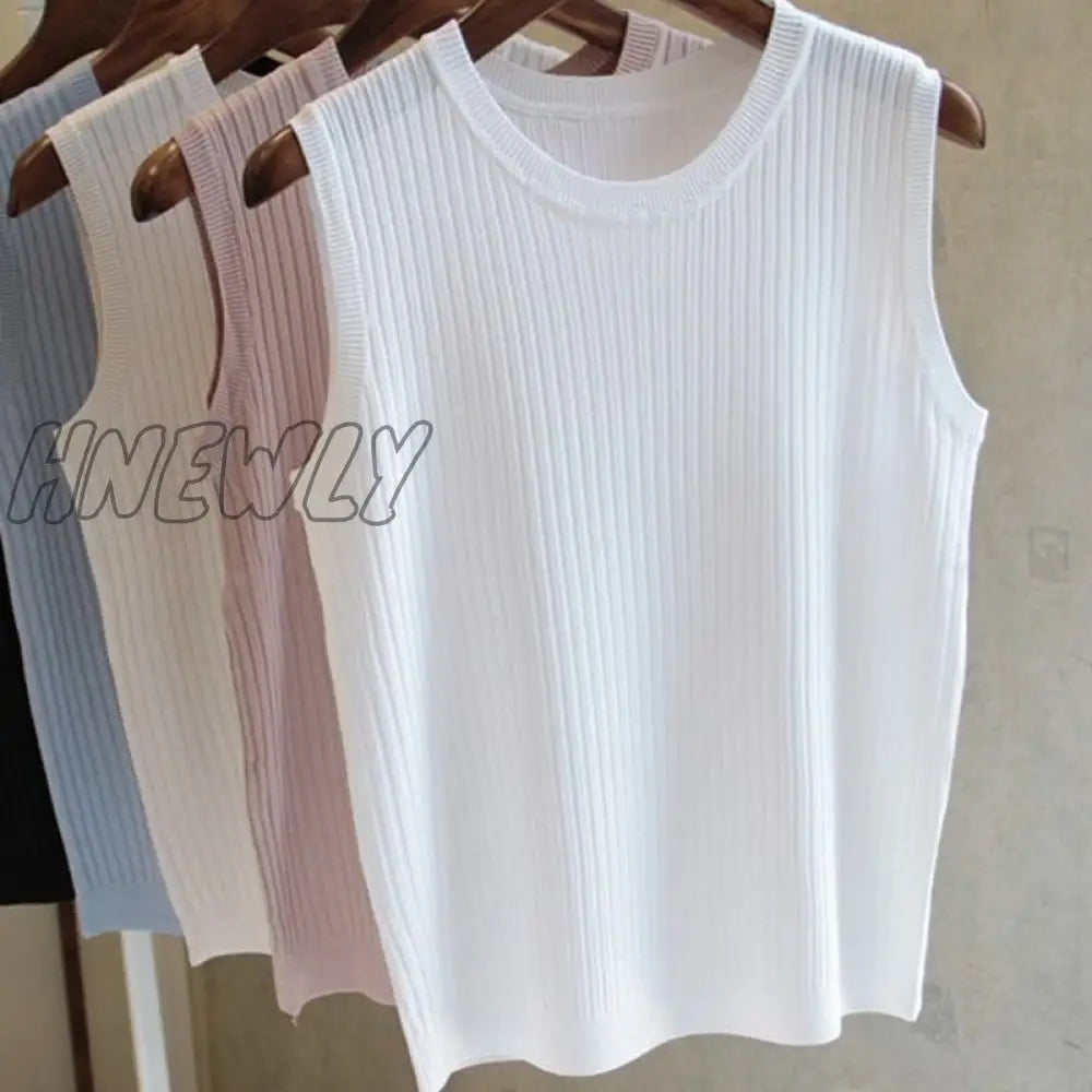 Hnewly Fashion Ice Silk Knitted Vest Gym Tank Top Women Round Neck Thin Sleeveless Shirt Summer