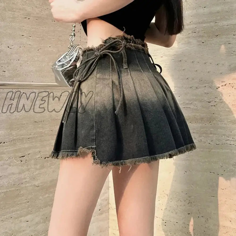 Fashion Irregular Jeans Skirts Vintage Female Casual Tassel Mini Skirts Summer All Match Gradient Lace Up Pleated Skirts