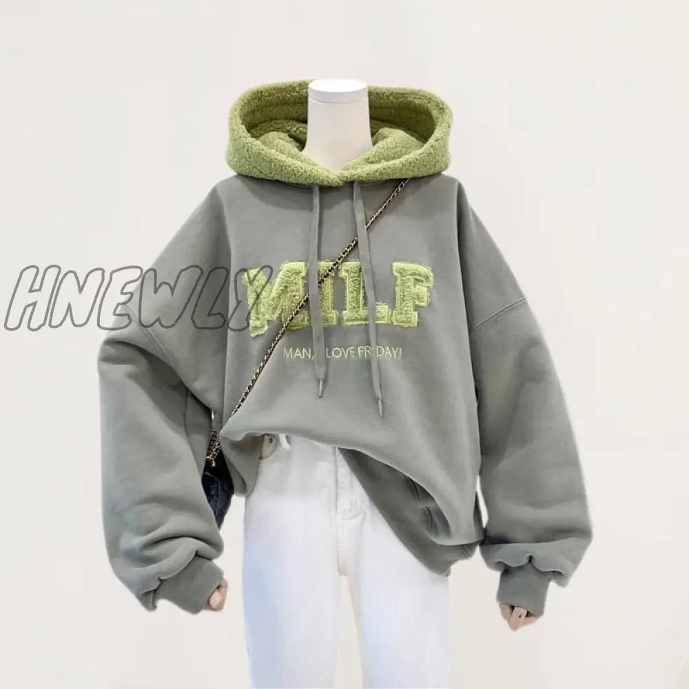 Hnewly Fashion Patchwork Oversize Sweatshirt Women Winter Casual Loose Cotton Thick Letter Long