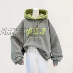 Hnewly Fashion Patchwork Oversize Sweatshirt Women Winter Casual Loose Cotton Thick Letter Long