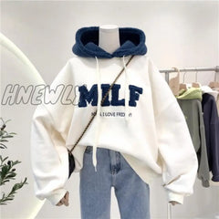 Hnewly Fashion Patchwork Oversize Sweatshirt Women Winter Casual Loose Cotton Thick Letter Long