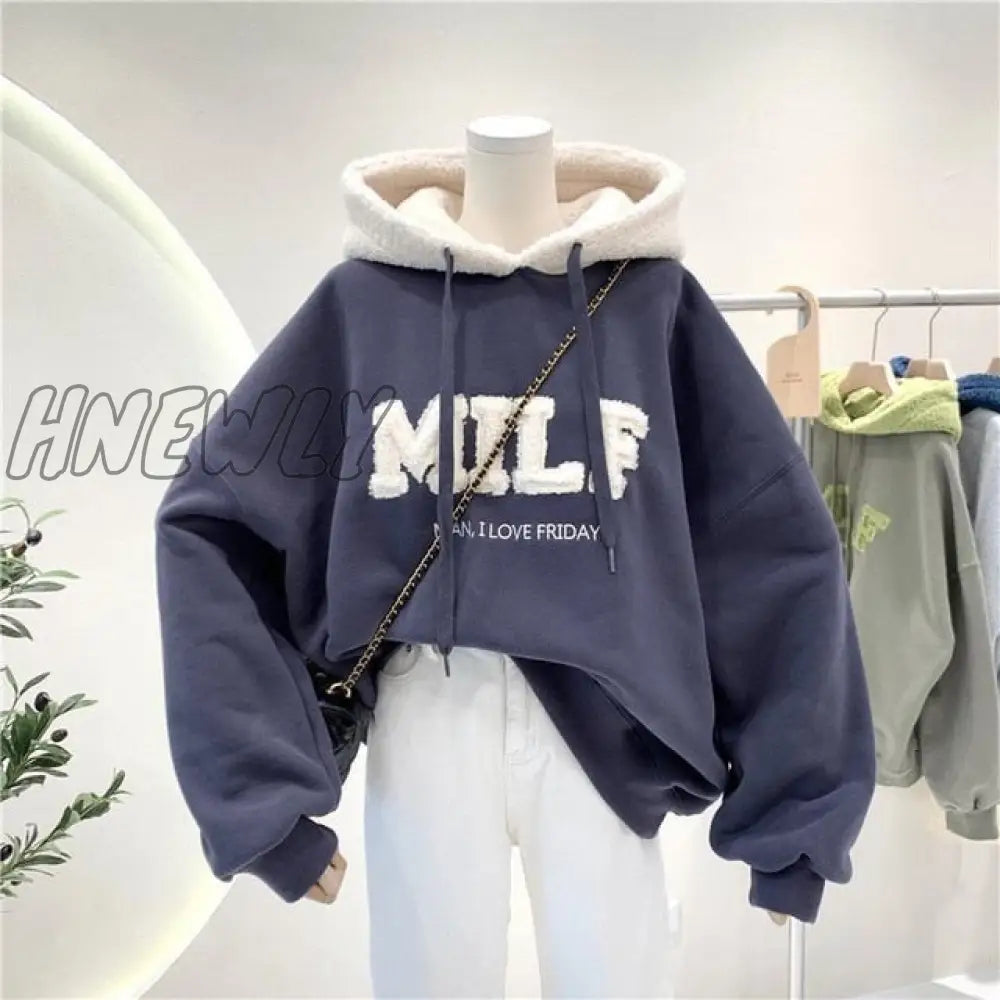 Hnewly Fashion Patchwork Oversize Sweatshirt Women Winter Casual Loose Cotton Thick Letter Long