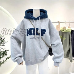 Hnewly Fashion Patchwork Oversize Sweatshirt Women Winter Casual Loose Cotton Thick Letter Long