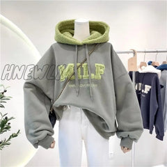 Hnewly Fashion Patchwork Oversize Sweatshirt Women Winter Casual Loose Cotton Thick Letter Long