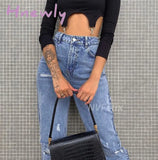 Hnewly Fashion Rippde Jeans Women High Waist Straight Denim Mom Pants Baggy Washed Blue Casual