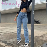 Hnewly Fashion Rippde Jeans Women High Waist Straight Denim Mom Pants Baggy Jeans Women Washed Blue Casual Female Cotton Pants New