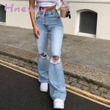Hnewly Fashion Ripped Jeans Women High Waist Straight Denim Mom Pants Baggy Washed Blue Casual