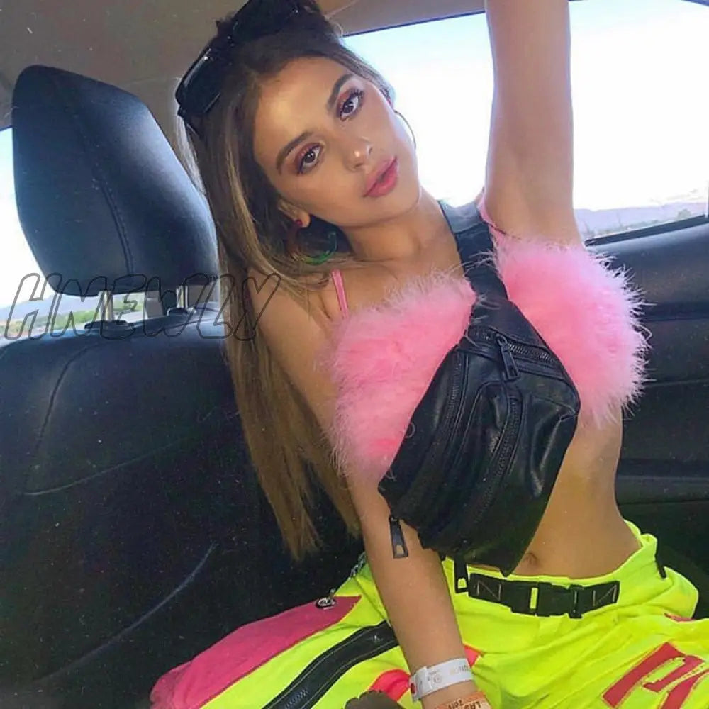 Hnewly Fashion Sexy Spaghetti Straps Pink Feather Crop Top Women Camisole Sleeveless Tops Party