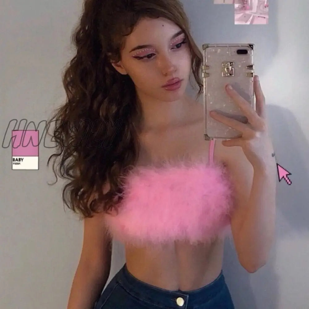 Hnewly Fashion Sexy Spaghetti Straps Pink Feather Crop Top Women Camisole Sleeveless Tops Party