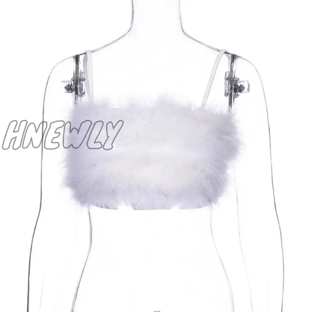 Hnewly Fashion Sexy Spaghetti Straps Pink Feather Crop Top Women Camisole Sleeveless Tops Party