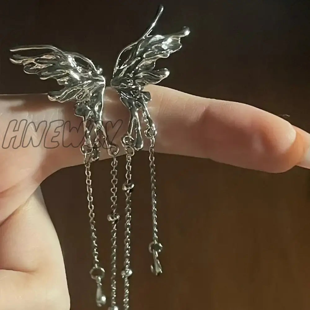 Hnewly Fashion Silver Color Metal Angel Wings Tassels Ear Clips Liquid Butterfly Long Cuff For