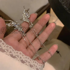 Hnewly Fashion Silver Color Metal Angel Wings Tassels Ear Clips Liquid Butterfly Long Cuff For
