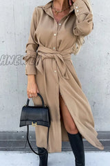 Hnewly - Fashion Solid Frenulum V Neck Irregular Dress Dresses(4 Colors) Khaki / S Dresses/Long