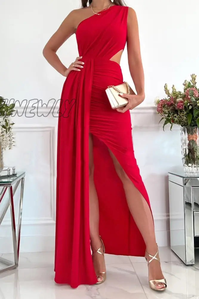 Hnewly - Fashion Solid Hollowed Out Oblique Collar Sleeveless Dress Dresses Red / S Dresses/Party