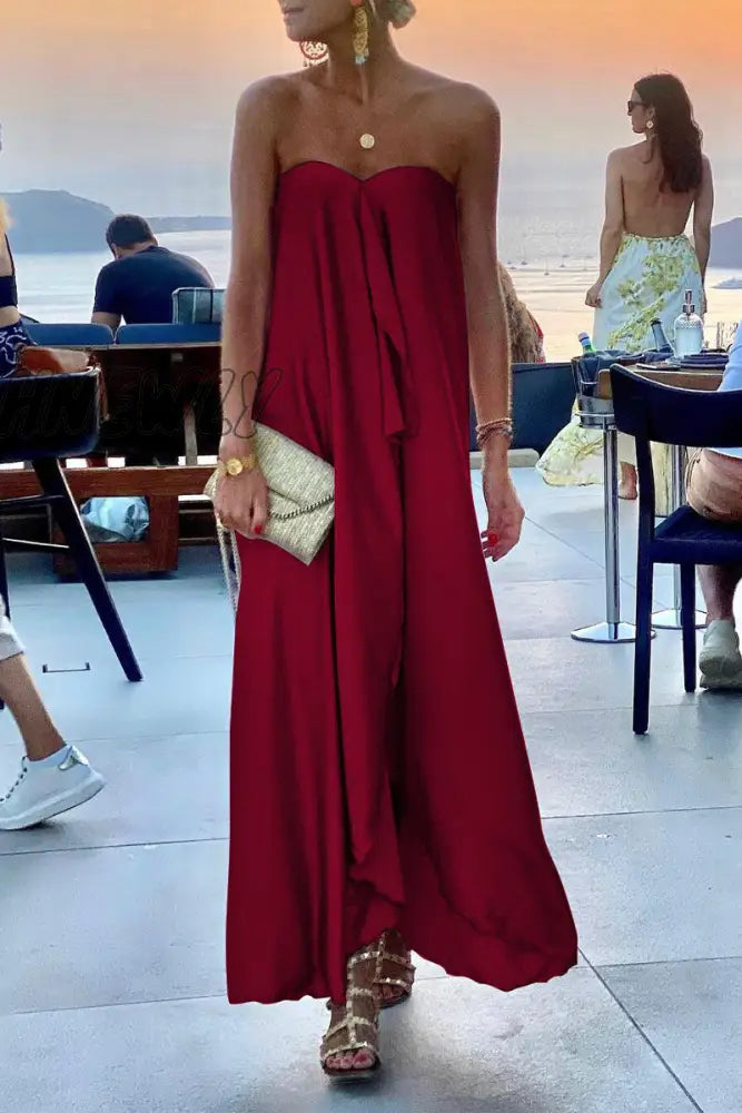 Hnewly - Fashion Solid Patchwork Strapless Straight Dresses(4 Colors) Burgundy / S Dresses/Party
