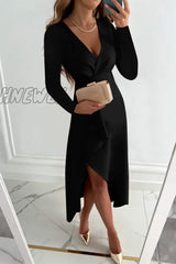 Hnewly - Fashion Solid Patchwork V Neck Asymmetrical Dresses(5 Colors) Black / S Dresses/Long