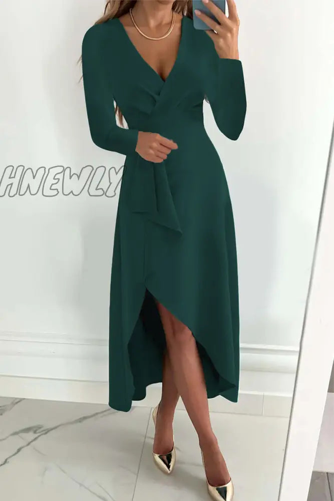 Hnewly - Fashion Solid Patchwork V Neck Asymmetrical Dresses(5 Colors) Green / S Dresses/Long